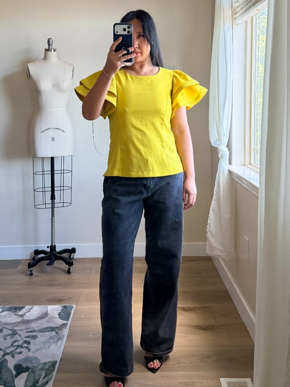 Yellow Ruffle Sleeve Top | Dramatic Flutter Sleeve Blouse | Open Back Top | L